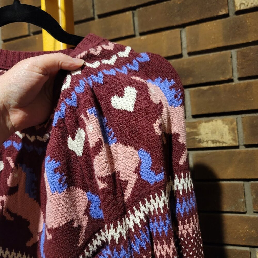 ModCloth Unicorn Heart Fair Isle Sweater Burgundy Knit - Size Small - Picture 5 of 6